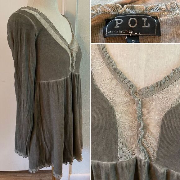POL Gray Ribbed Long Sleeve Lace Blouse - Picture 1 of 2